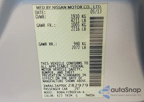 2013 Nissan Altima 2.5 z USA, uszkodzony, nr VIN 1N4AL3AP9DC282979